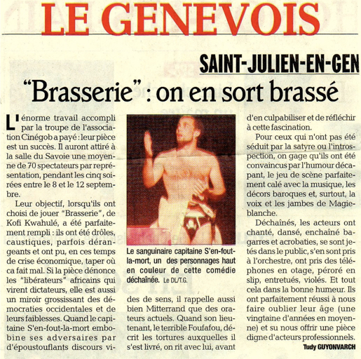 Article de presse du Dauphiné Libéré à propos du spectacle Brasserie (2010)