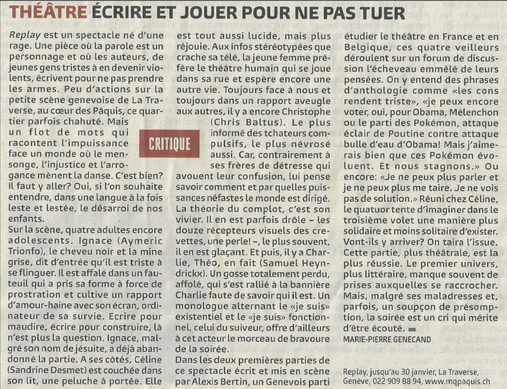 Article de journal "Le Temps" (janvier 2016) à propos du spectacle Replay